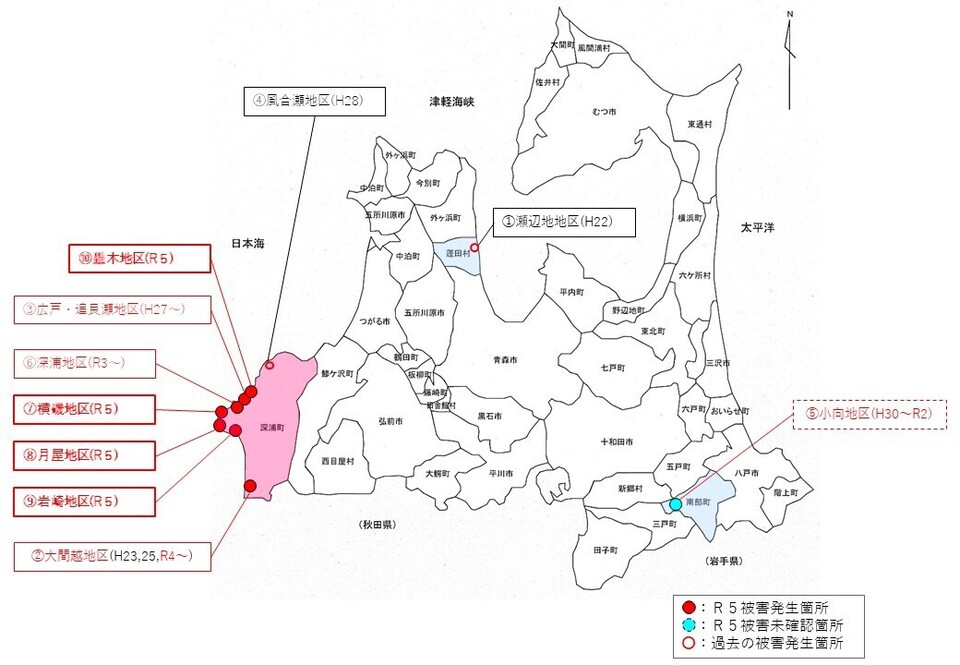 青森県における松くい虫被害位置図