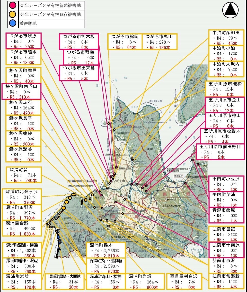 青森県におけるナラ枯れ被害位置図