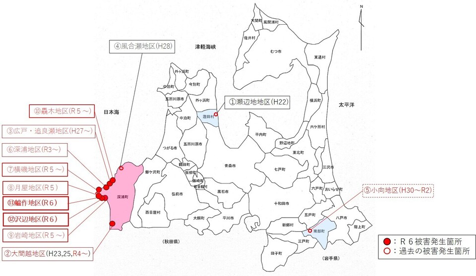 青森県における松くい虫被害位置図