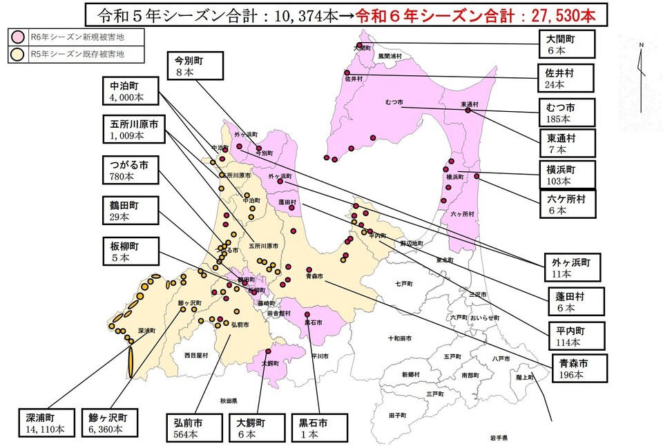 青森県におけるナラ枯れ被害位置図