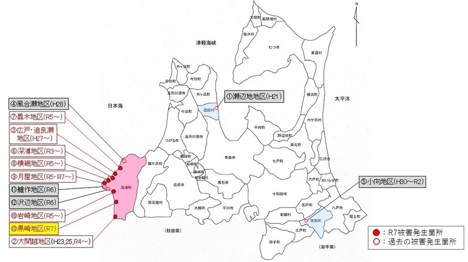 青森県における松くい虫被害位置図